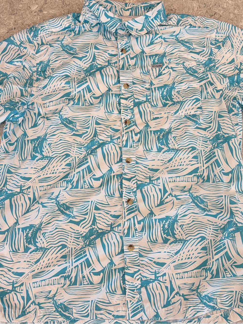 Columbia PFG Men's Turquoise Patterned Short-Sleeve Button-Up Shirt-Large